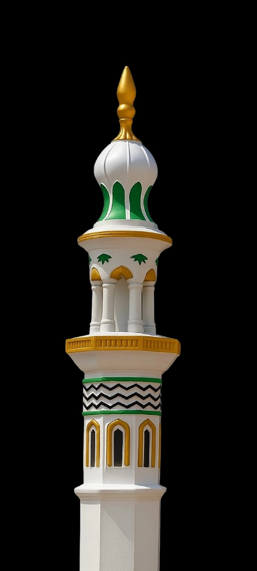 5 Feet Readymade Masjid Minar 5 feet readymade masjid minar with green and gold design, golden finial, and white concrete body for mosque decoration.